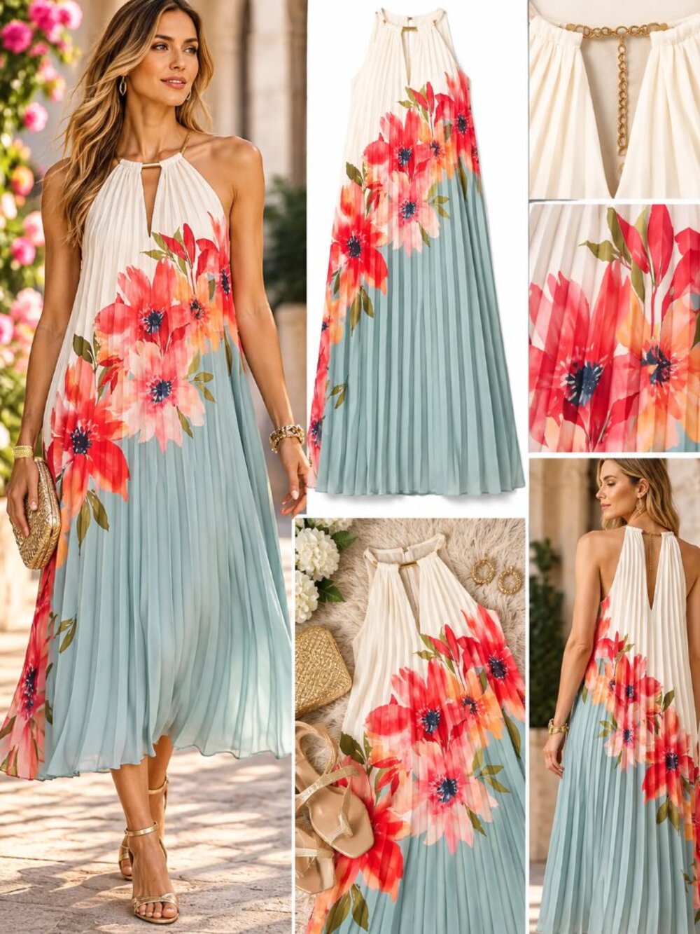 Adrianna Papell Blue Multi Floral Pleated Halter Midi Dress Size 12 NWT
